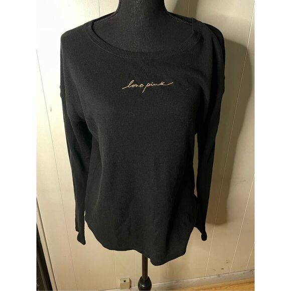 PINK Victoria’s Secret Waffle Weave Long Sleeve Black Tee Size Medium - Picture 1 of 7